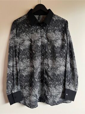Amanda Green Sheer Animal Print Button Front Blouse Black Gray Medium